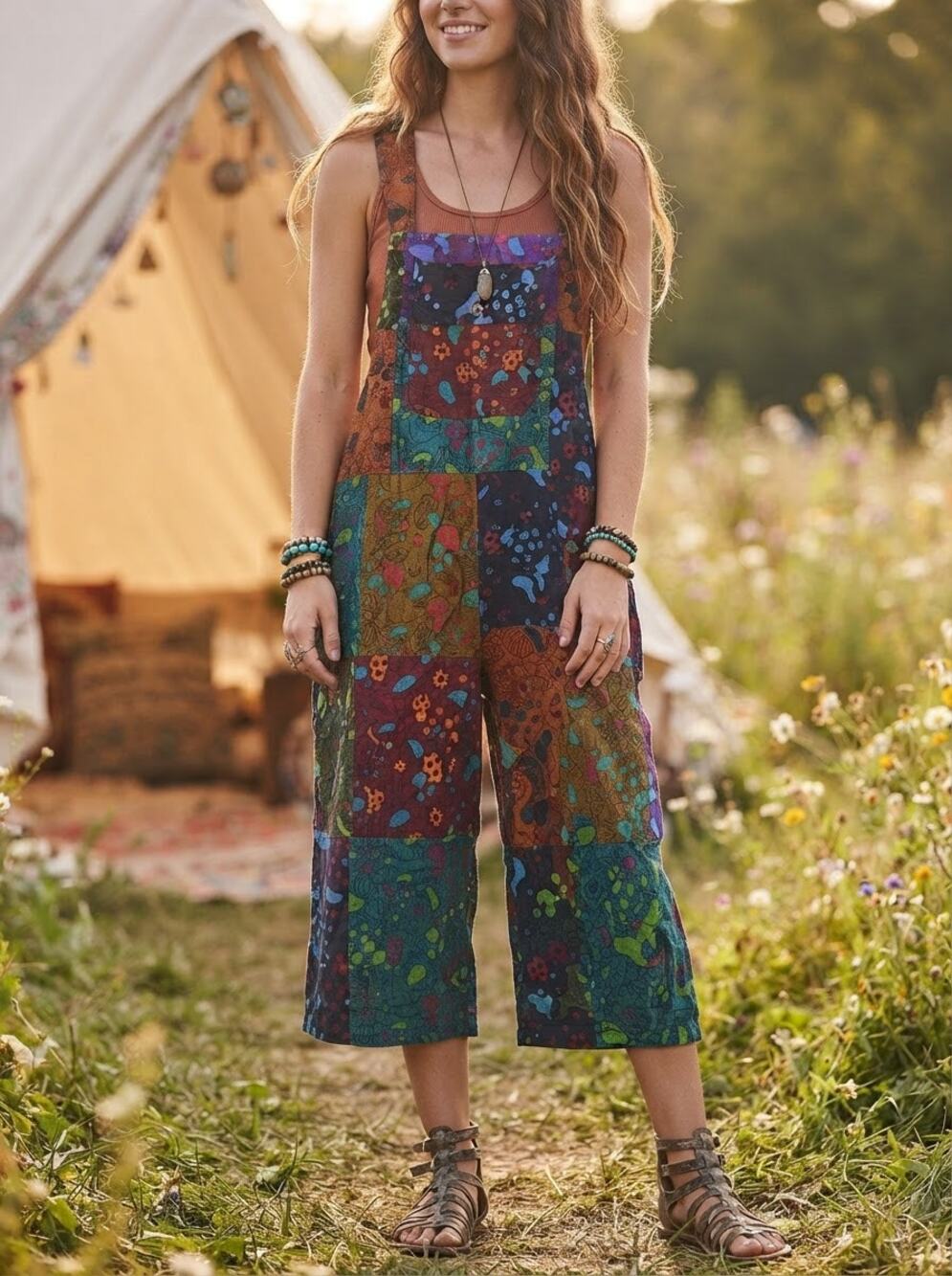 Mushroom Patchwork Cropped Overalls - Fall Style